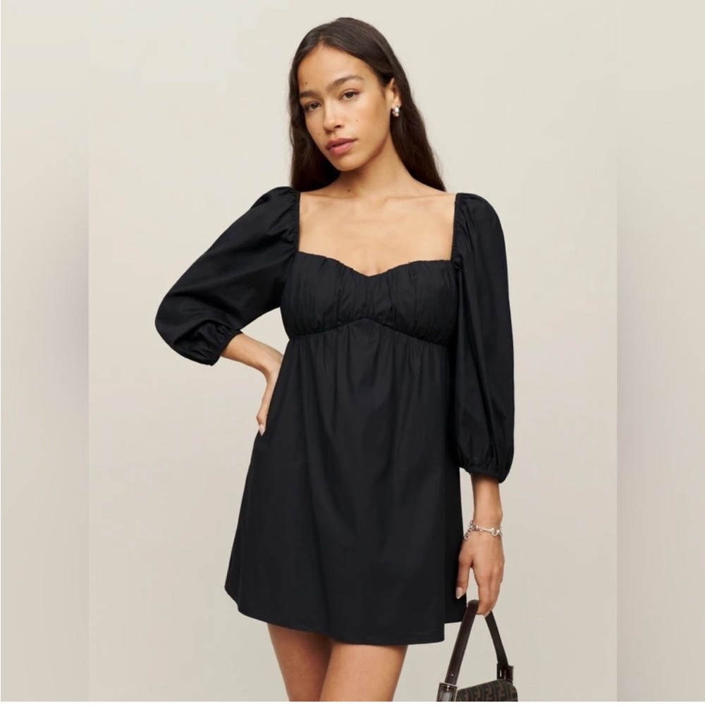 Reformation Farley Mini Dress Black Size 2 Babydoll Puff Sleeve Sweetheart Neck